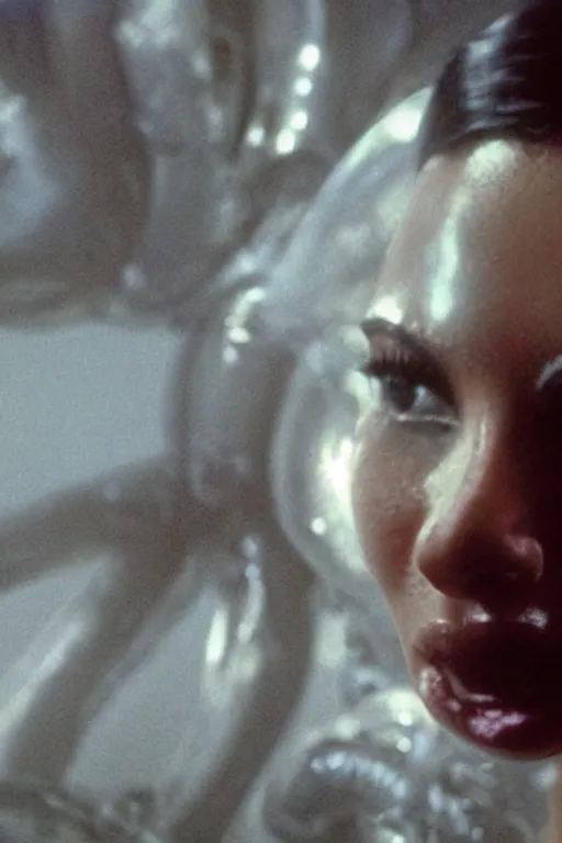 Image similar to film still of kim kardashian in the movie Alien, alien spider attached to her face as she tries to resist, scary, cinematic shot, 4k.