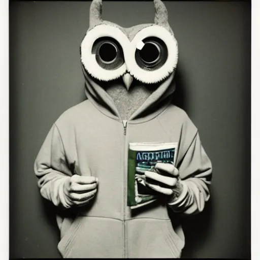 Prompt: anthropomorphic owl in a hoodie, holding a magazine, 9 0 - s fashion, polaroid photo, by warhol,