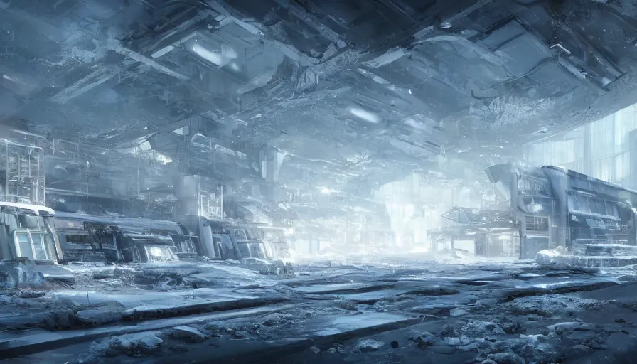 Prompt: abandoned dirty futuristic cloning facility under snow in snowy mountains, debris, hyperdetailed, artstation, cgsociety, 8 k
