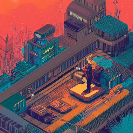 Image similar to Stunning isometric illustration of single cyberpunk explorer overlooking lush forest , highly detailed, midnight, small glowing orbs by Victo Ngai and James Gilleard , Moebius, Laurie Greasley