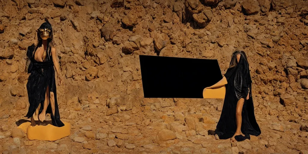 Prompt: levitating woman with full - face golden mask in a dry rocky desert landscape, visible sky and sunny atmosphere, floating rocks, flying rocks and fata morgana and giant square mirrors by alejandro jodorowsky, anamorphic lens, kodakchrome, practical effects, masterpiece, 8 k