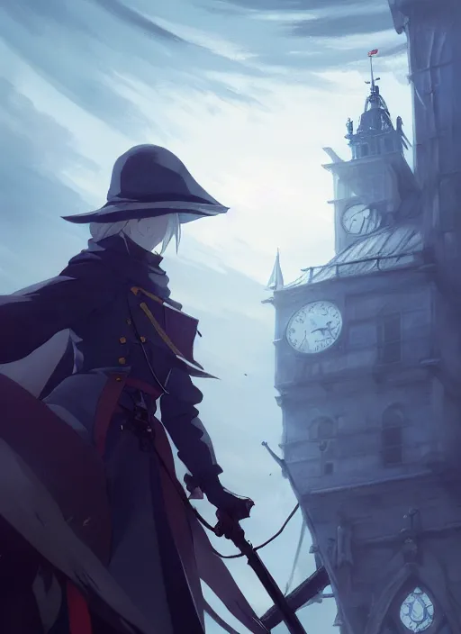 Image similar to lady maria of the astral clocktower, helm of second world war german warship landscape, illustration concept art anime key visual trending pixiv fanbox by wlop and greg rutkowski and makoto shinkai and studio ghibli and kyoto animation, fantasy, grimdark, volumetric lighting