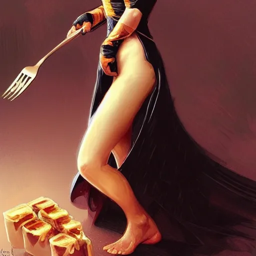 Image similar to very cute Margot Robbie eating fork covered in honey wearing black-crimson silk dress, D&D, fantasy, intricate, elegant, highly detailed, digital painting, artstation, concept art, matte, sharp focus, illustration, art by Artgerm and Greg Rutkowski and Alphonse Mucha