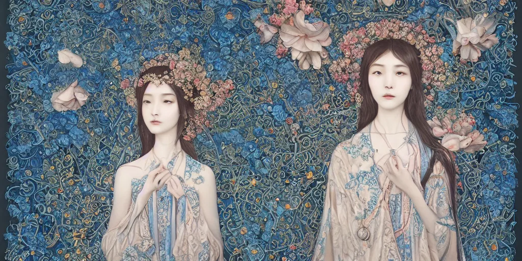 Image similar to breathtaking detailed concept art painting of the goddesses of nemophila flowers, orthodox saint, with anxious, piercing eyes, ornate background, amalgamation of leaves and flowers, by Hsiao-Ron Cheng, James jean, Miho Hirano, Hayao Miyazaki, extremely moody lighting, Black paper, cut paper texture, Full of light-blue and silver and white layers, 8K