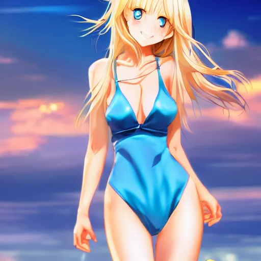 Image similar to a very beautiful anime cute girl, full body, long wavy blond hair, sky blue eyes, full round face, short smile,golden bikini, miniskirt, front view, medium shot, mid-shot, highly detailed, cinematic wallpaper by Stanley Artgerm Lau