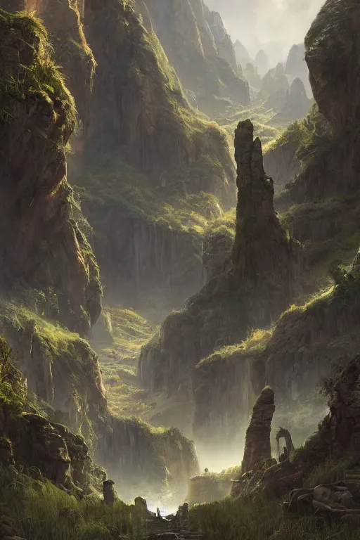 Prompt: the lost valley, landscape, alex ross, eddie mendoza, raphael lacoste, sebastian ludke, concept art, matte painting, highly detailed, rule of thirds, dynamic lighting, cinematic, detailed, magnificiant landscape, denoised, centerd