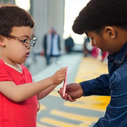 Image similar to a child exchanging a ticket for a coin from an adult, photorealistic