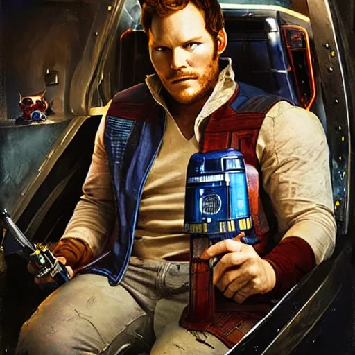 Image similar to the actor chris pratt as star lord sitting beside the doll chucky from child's play, inside a starship, oil painting, by greg rutkowski