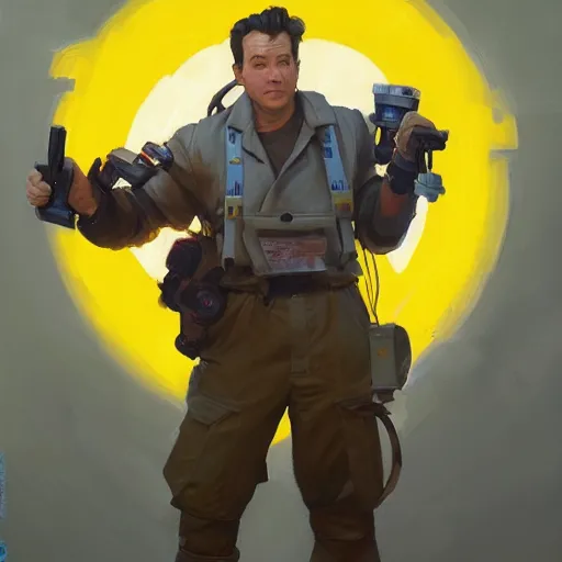 Prompt: greg manchess portrait painting of partially armored ghostbuster peter venkman overwatch character, medium shot, asymmetrical, profile picture, organic painting, sunny day, matte painting, bold shapes, hard edges, street art, trending on artstation, by huang guangjian and gil elvgren and sachin teng