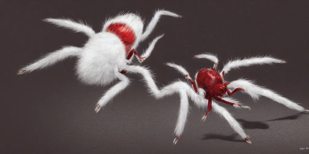 Image similar to white spider with red eyes, white background, fur, very realistic, highly detailed, hyperrealism, photo, by greg rutkowski, cinematic, dynamic lighting, octane render