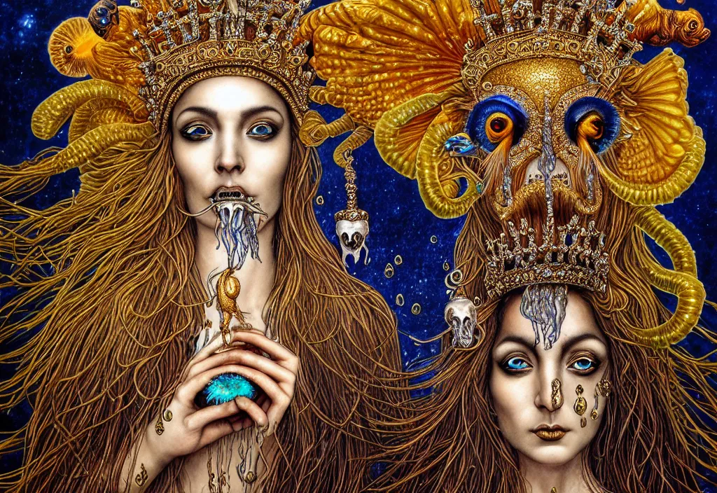 Image similar to isis goddess macro close - up portrait with extremely detailed crown made of ram skull dripping gold + betta fish + jellyfish, in the style of michael cheval, bioluminiscent, plasma, wind, creature