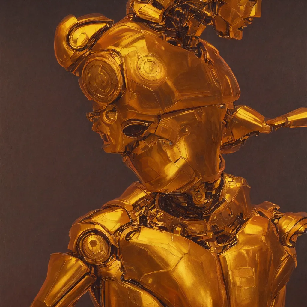 Image similar to cinematic bust portrait of psychedelic god robot from left, head and chest only, robotic improvements, part of Moebius, part of maxfield parrish, part of Thomas Ehretsmann,, oil on canvas, masterpiece, trending on artstation, cinematic composition, dramatic pose, beautiful lighting, sharp, details, hyper-detailed, volumetric lighting 4K