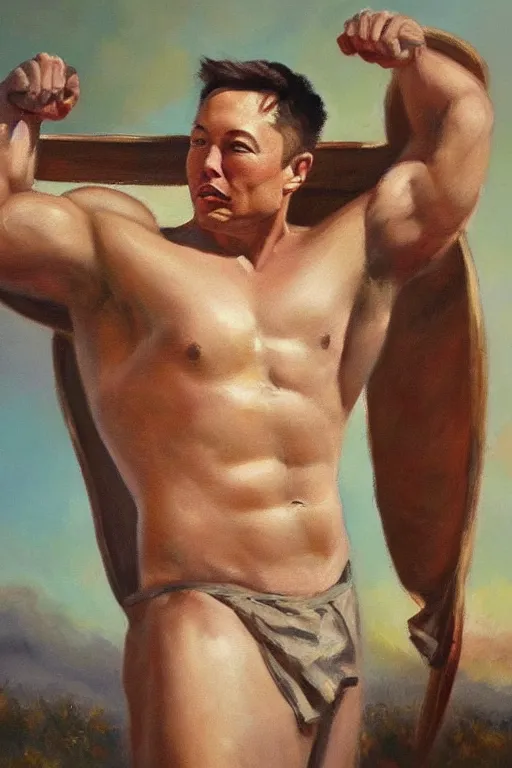Prompt: beautiful oil painting of Elon Musk as a muscular greek god
