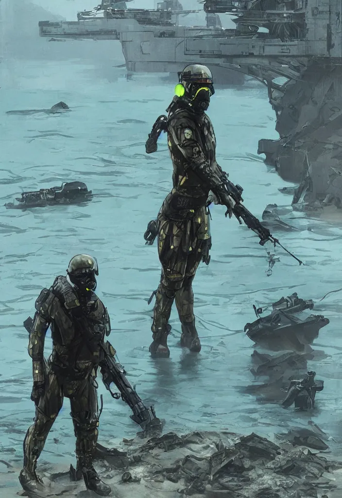 Image similar to Chidi. USN blackops operator emerging from water at the shoreline. Operator wearing Futuristic cyberpunk tactical wetsuit and looking at an abandoned shipyard. Frogtrooper. rb6s, MGS, and splinter cell Concept art by James Gurney, greg rutkowski, and Alphonso Mucha. Vivid color scheme.