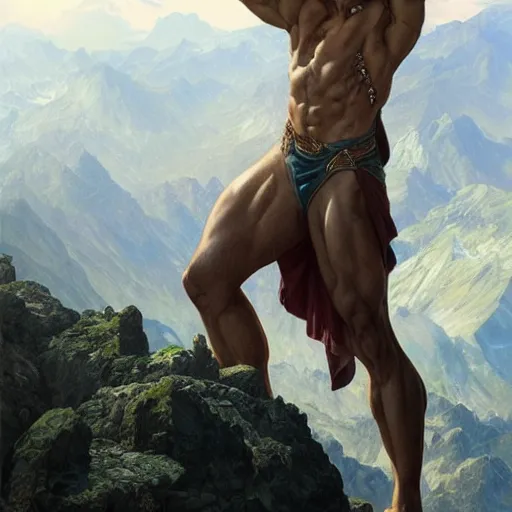 Prompt: ultra realistic illustration, a very tall and muscular gigachad flexing on top of a mountain, intricate, elegant, highly detailed, digital painting, artstation, concept art, smooth, sharp focus, illustration, art by artgerm and greg rutkowski and alphonse mucha