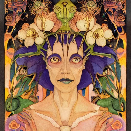 Image similar to the bone crown, by Annie Swynnerton and Nicholas Roerich and (((Diego Rivera))) and (((Edmund Dulac))), bioluminescent skin, floral tattoos, goth, iridescent beetles, elaborate costume, geometric ornament, symbolist, rich colors, dramatic lighting, smooth, sharp focus, extremely detailed