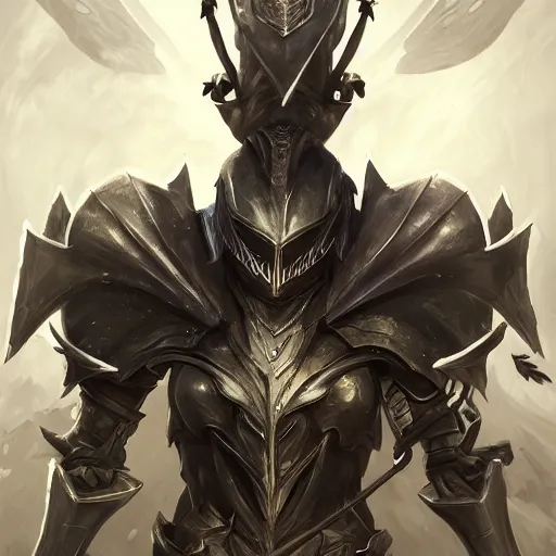 Image similar to portrait of humanoid mosquito resembling a knight in black monstrous armor with two dragonfly wings, league of legends splash art, hearthstone splash art, full body shot, rule of thirds, ultrafine hyperrealistic detailed face, artgerm, greg rutkowski, trending on artstation, 8 k, intricately detailed, highly detailed