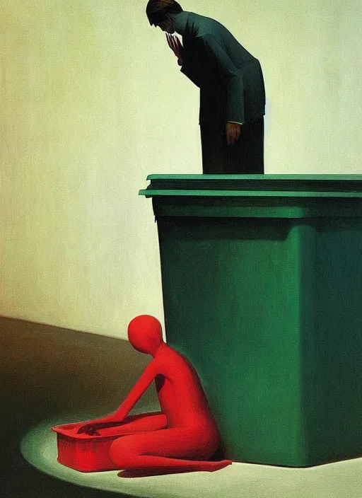 Image similar to magician with a trash over his head praying to a trash bin Edward Hopper and James Gilleard, Zdzislaw Beksinski highly detailed