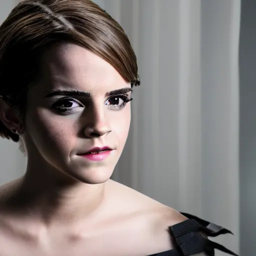 Image similar to Emma Watson as Catwoman, XF IQ4, f/1.4, ISO 200, 1/160s, Sense of Depth, AI enhanced, HDR, in-frame