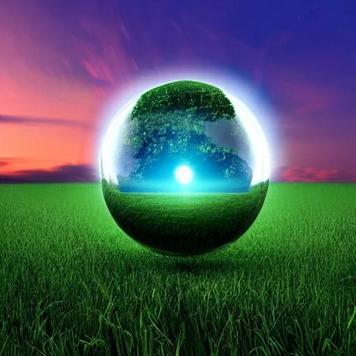 Prompt: dissipate!!, unwind!, a 8k concept illustration of a large glowing ball, superimposed over an 8k field of grass. The surface of the sphere glows softly in the shape of an hourglass, and has a filigree texture that gives the impression of swirling leaves or butterflies.