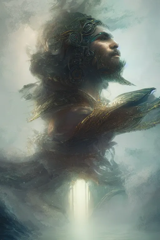 Image similar to Atlantis god, portrait, powerfull, intricate, elegant, volumetric lighting, scenery, digital painting, highly detailed, artstation, sharp focus, illustration, concept art, ruan jia, steve mccurry