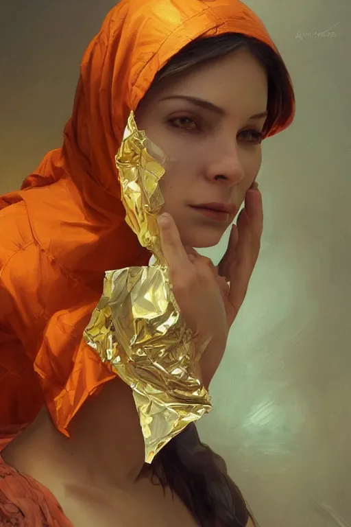 Image similar to portrait of tinfoil hat man in orange t - shirt behind his wife, feelings, romantic, fantasy, intricate, elegant, highly detailed, digital painting, artstation, concept art, smooth, sharp focus, illustration, art by artgerm and greg rutkowski and alphonse mucha