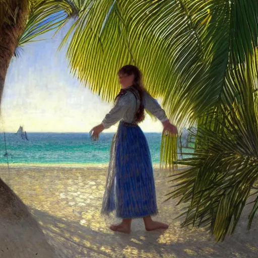 Image similar to a ultradetailed beautiful painting of a girl in the amazonas palace designed by jules bastien - lepage, hans belmer, frank weston and gustave baumann, beach, trending on artstation, mediterranean, palm trees, refracted color sparkles, sharp focus, soft light, 8 k 4 k