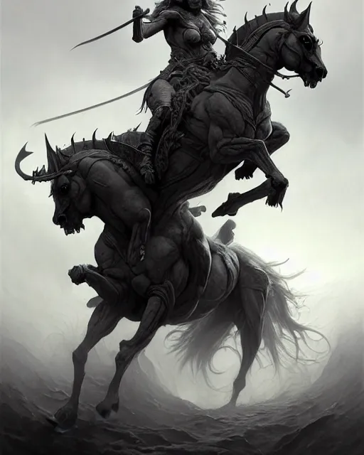 Image similar to concept art by artgerm, death of the four horsemen of the apocalypse, soft grey and blue natural light, intricate, queen of death riding, highly detailed dark art, digital painting, artstation, concept art, smooth, sharp focus, illustration, art by greg rutkowski and luis rollo and uang guangjian and gil elvgren, symmetry!