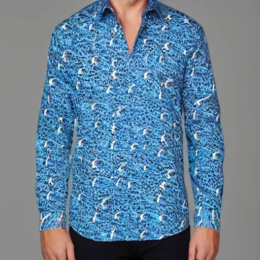 Image similar to Robert Graham shirt inspired by great white sharks, print detail, product photography