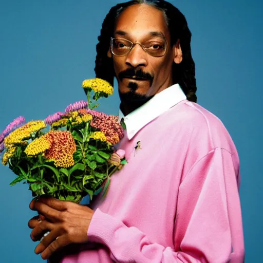 Prompt: Snoop Dogg looking away from camera while holding a Vase of flowers for a 1990s sitcom tv show, Studio Photograph, portrait, C 12.0