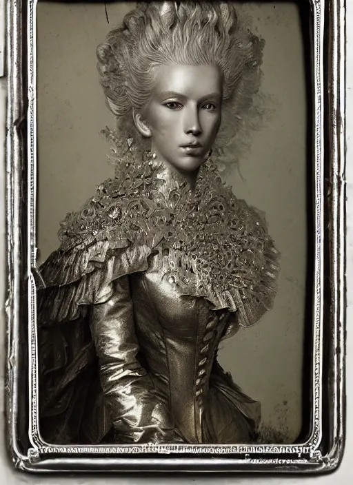 Image similar to old wetplate daguerreotype frame portrait of a futuristic silver armored young looking marie antoinette cyborg, fractal, intricate, elegant, highly detailed, subsurface scattering, by jheronimus bosch and greg rutkowski and louis jacques mande daguerre