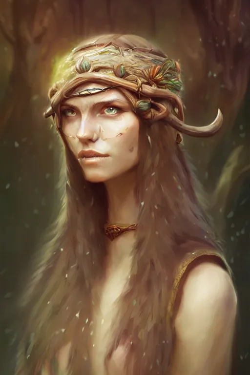 Prompt: head and shoulders portrait of a druid, female, high fantasy, dnd, by wlop