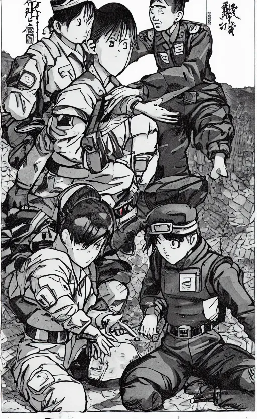 Image similar to manga, monochromatic, toriyama akira, a soldier girl character talking to a comrade about the rations, soldier clothing