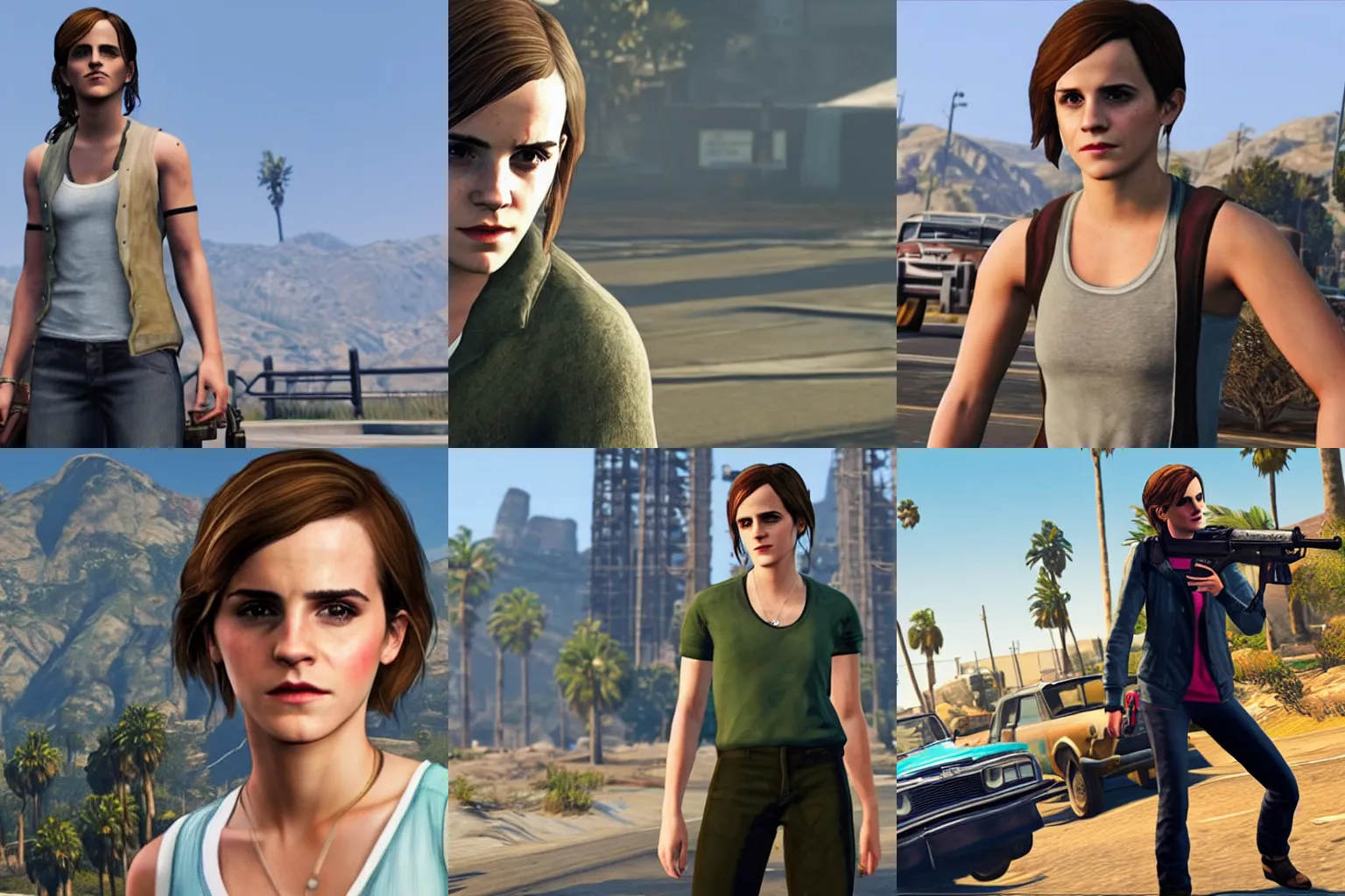 Prompt: Screenshot of Emma Watson as a playable character in GTA 5