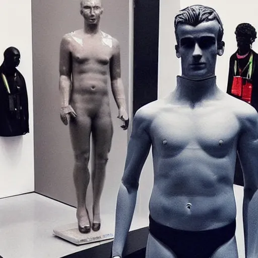 Image similar to “ a realistic detailed photo of a guy who is an attractive humanoid who is half robot and half humanoid, who is a male android, soccer player antoine griezmann, shiny skin, posing like a statue, blank stare, at the museum, on display ”