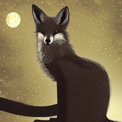 Image similar to “a fox sitting in the woods facing away, looking up at the night sky. The moon shines brightly. digital art, painting, highly detailed, hyper detailed, award winning”