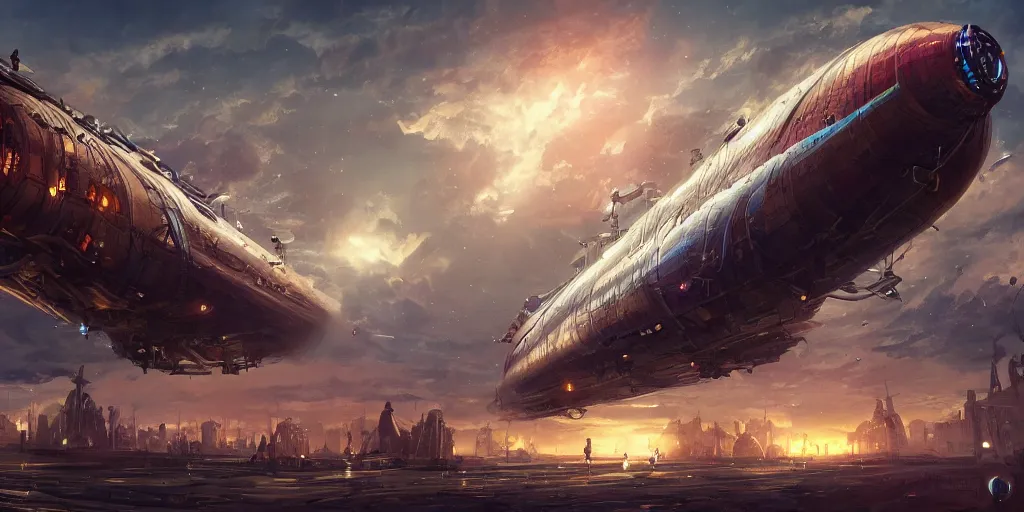 Prompt: airship powered by stars, steampunk, cyberpunk, vibrant colors, fantasy, sci - fi, dark sky, city in backround, bright ship headlights, dramatic, intricate, artstation, concept art, smooth, sharp focus