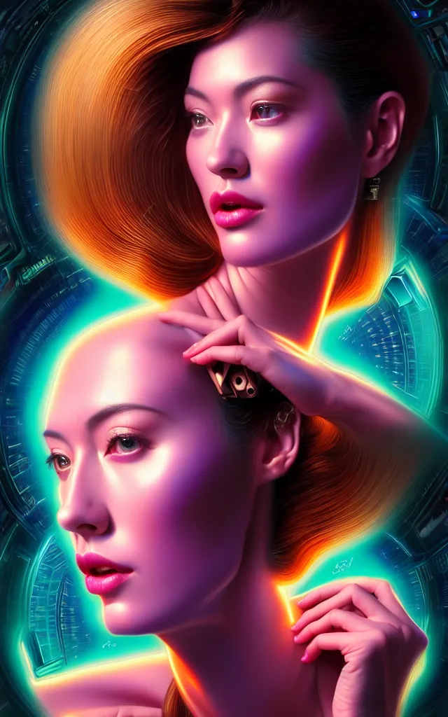 Image similar to beauty woman in holograms of alien artifacts, electrical case display, total recall tech, , ultrarealistic, dramatic lighting, electrical details, high details, 4k, 8k, best, accurate, trending on artstation, artstation, photorealism, ultrarealistic, digital painting, style of Tristan Eaton Stanley Artgerm and Hajime Sorayama, Caravaggio, Boris Vallejo