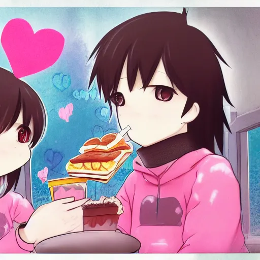 Image similar to a girl and her boyfriend eating a fast food restaurant, there are pink hearts around their heads, an anime drawing by Jin Homura, featured on pixiv, neo-romanticism, anime, pixiv, deviantart hd