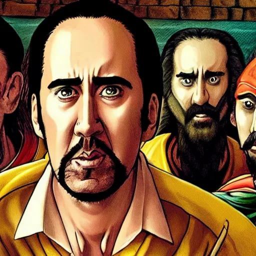 Image similar to nic cage in the last supper as painted by akira toriyama