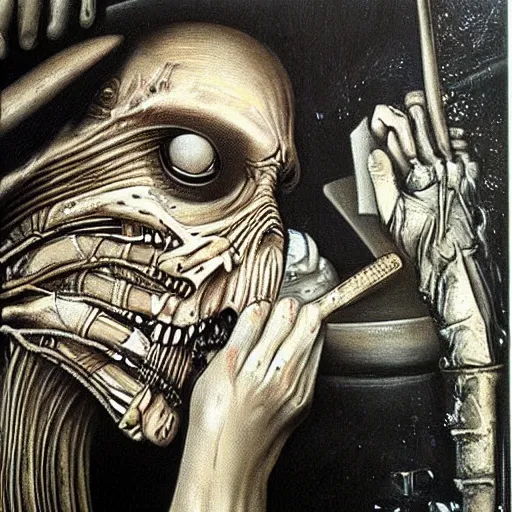 Image similar to a painter at his easel crying in despair, painting by HR Giger