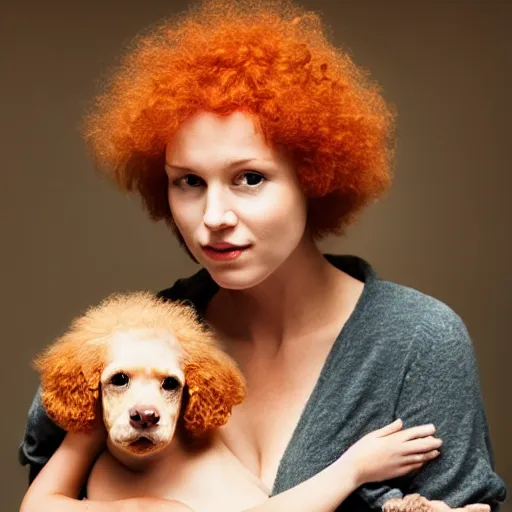 Prompt: a beautiful pale woman with orange hair holding both a curly headed baby boy and also a brown poodle, in the style of salvador dahli
