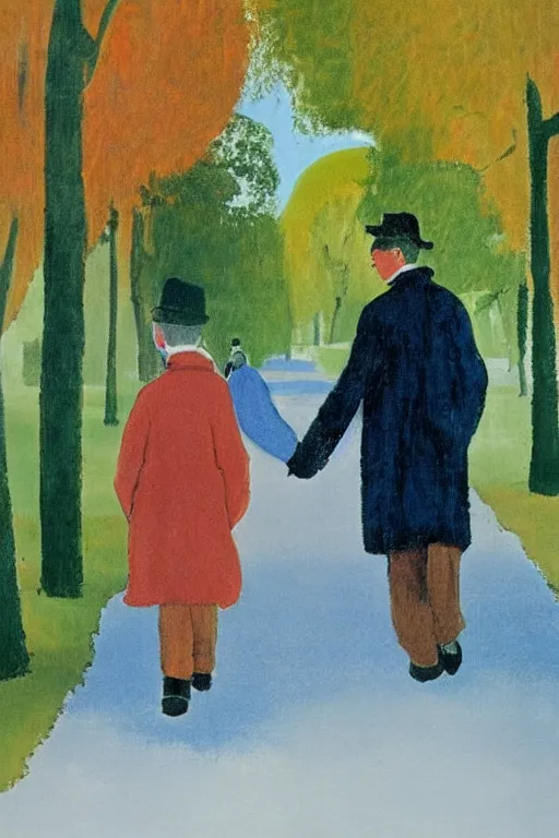 Image similar to a very tall man with dark hair holding the hands of a short young boy as they walk in a park on a bright beautiful winter day. part in the style of an edgar degas painting. part in the style of david hockney. triadic color scheme