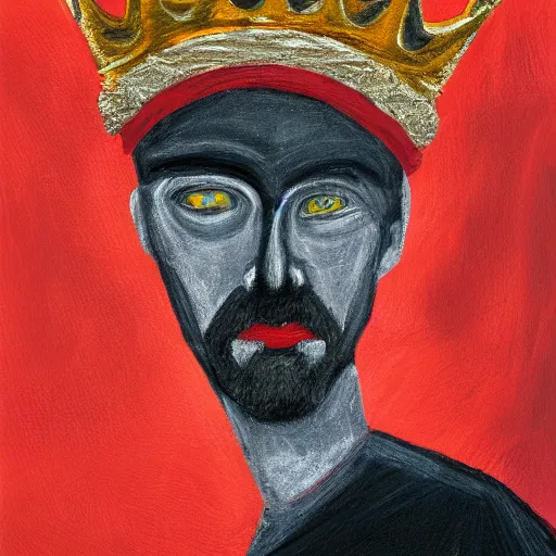 Image similar to man with a crown, smirk, photograph, black backgrounds, glowing red eyes, oil painting