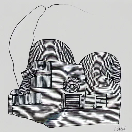 Prompt: a donut shaped house, frank gehry inspired, minimalism inked artwork, abstract