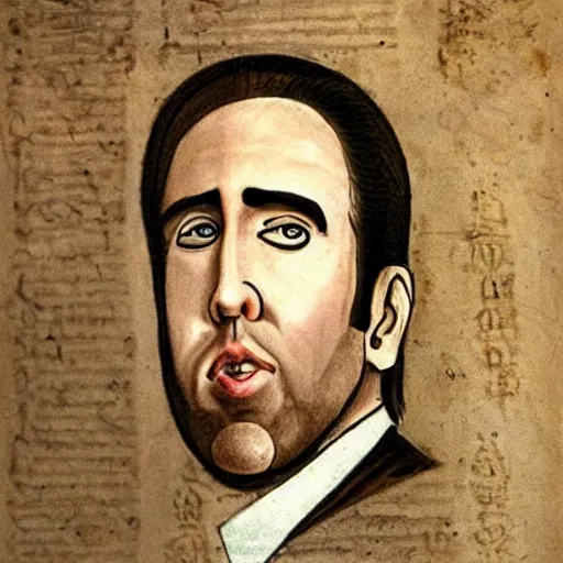 Prompt: an ancient manuscript drawing of nicolas cage