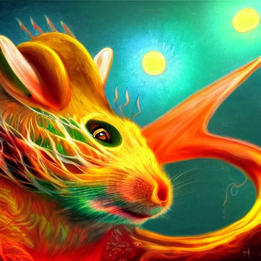 Image similar to an oilpainting of a psychedelic hamster dragon hybrid, hd, artstation, digital art, 4k, 8k