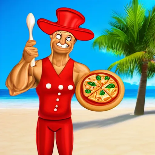 Image similar to render of muscular pizza man, beach background