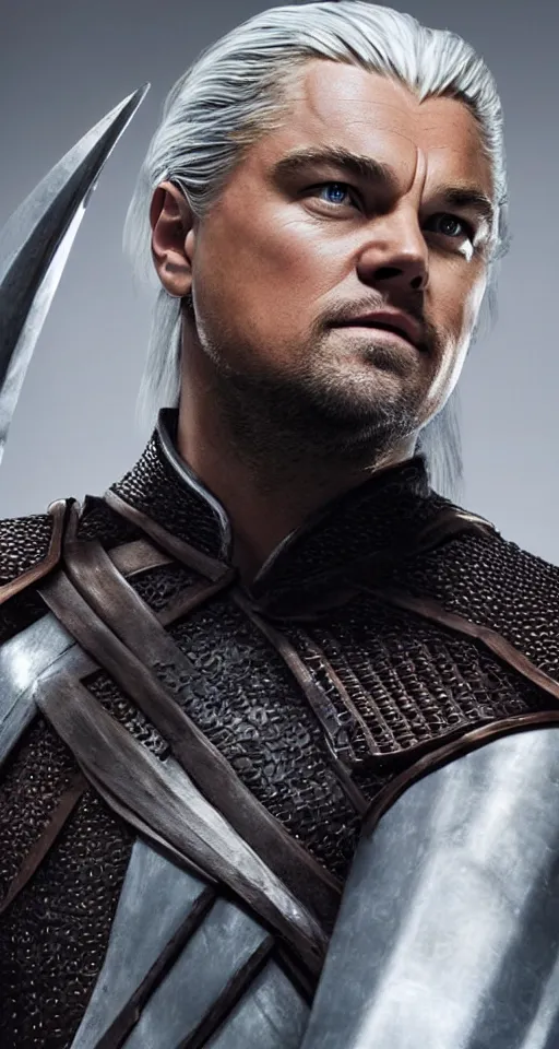 Image similar to Leonardo Dicaprio wearing Geralt of Rivia\'s armor, promo shoot, studio lighting