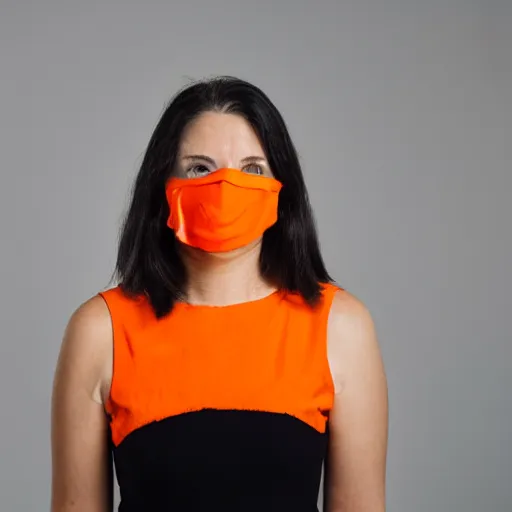 Image similar to portrait of a woman wearing a orange mask, orange background, studio lighting